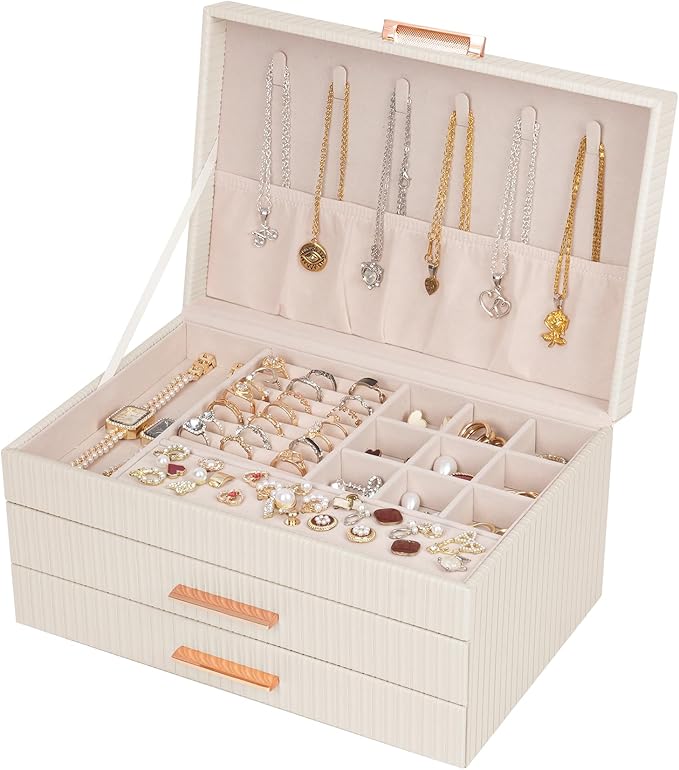 Dajasan Jewelry Boxes for Women, Jewelry Organizers and Storage with 2 Drawers, Large Jewelry Organizer Box for Necklaces Rings Earrings Bracelets, Gift Idea, Modern Style (Beige)