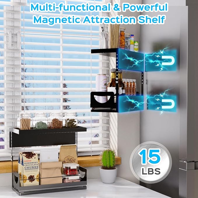 2 Tier Magnetic Storage Shelf with Pull Out Drawer, Height Adjustable Magnetic Organizer for Washing Machine & Fridge Side, No Drill Magnetic Rack for Laundry Room, Kitchen Storage (Black)