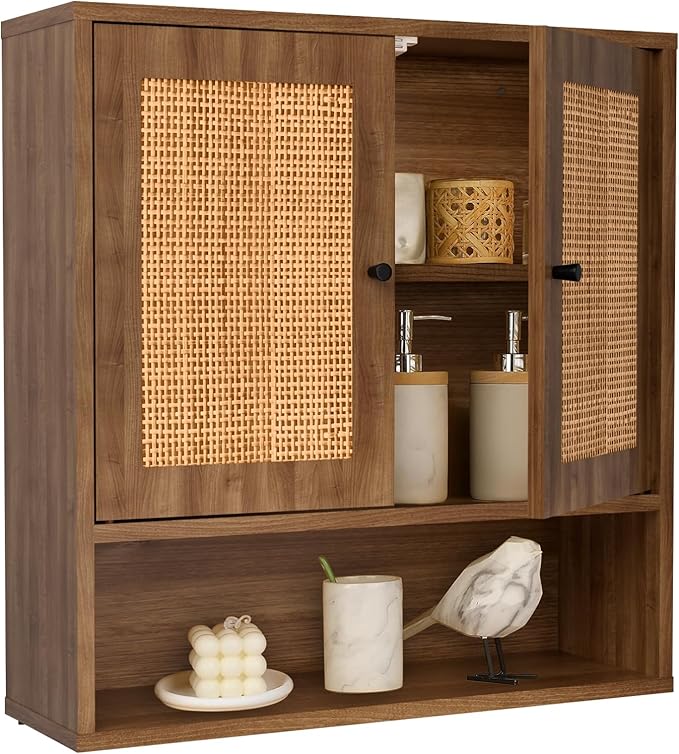 Wall Mounted Cabinet with Rattan Double Doors, 3-Tier Storage for Bathroom Over Toilet, Floating Shelf for Towels & Decor, Boho Medicine Cabinet for Kitchen, Dining Room, 23.23 x 7.68 x 24 in