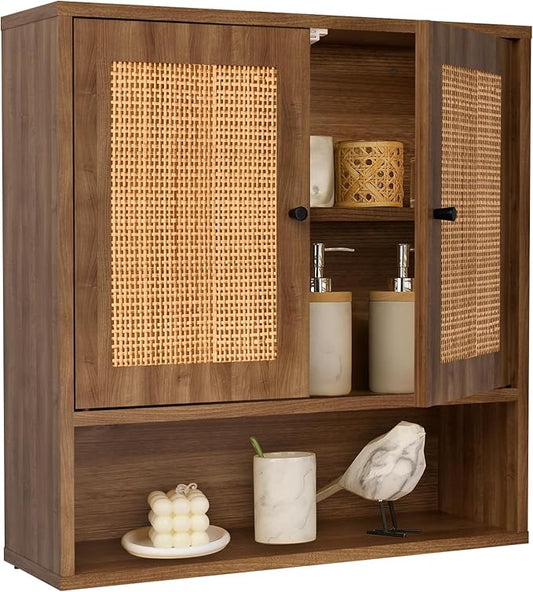 Wall Mounted Cabinet with Rattan Double Doors, 3-Tier Storage for Bathroom Over Toilet, Floating Shelf for Towels & Decor, Boho Medicine Cabinet for Kitchen, Dining Room, 23.23 x 7.68 x 24 in