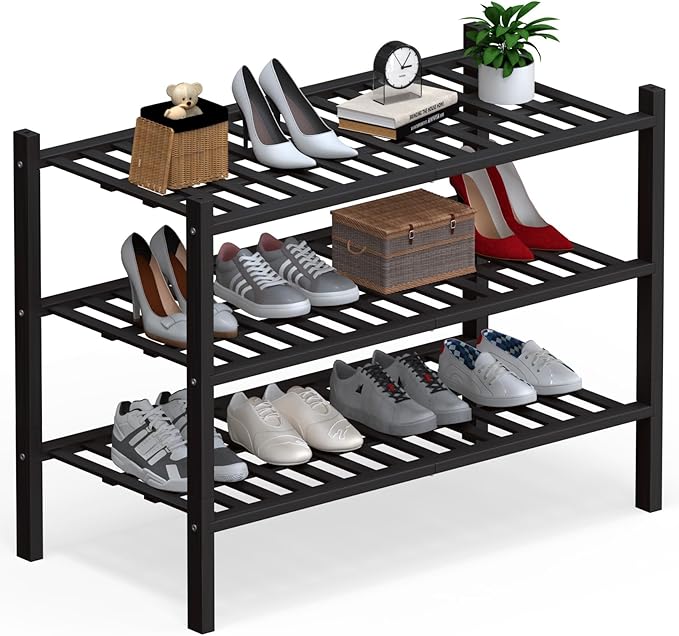 Haddockway Large 3 Tier Bamboo Shoe Rack Storage Organizer, Multifunctional Free Standing Stackable Shoe Shelf with Grid Panel for Closet,Hallway,Entryway,Small Space 27"x12"x21"