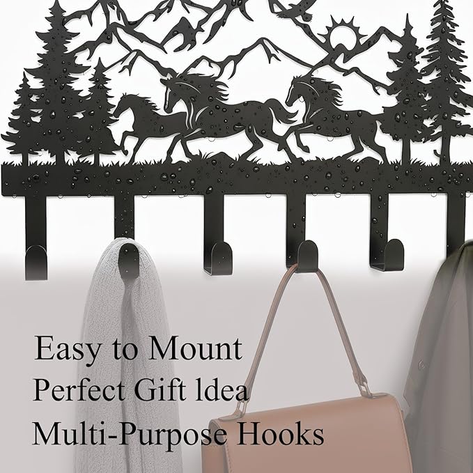 Metal Black Coat Hooks Wall Mount and Coat Rack Hanger for Hanging and Storage Ideal for Living Room, Hallway, Office, Backpack, Bags, Towel, Clothes and Hat (Horse)