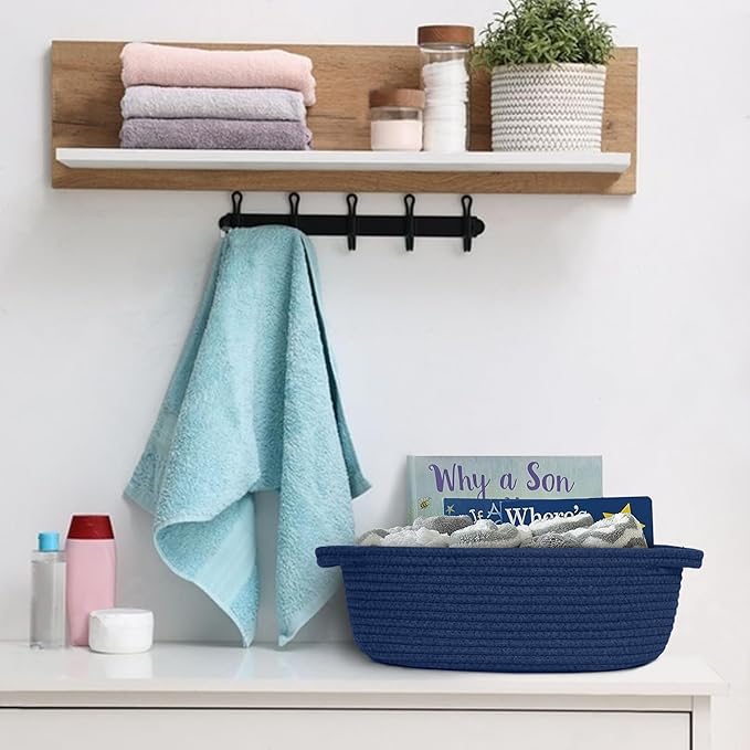 Dark Blue Small Woven Basket, 13â x 9â x 5â Baskets for Gifts Empty, Cotton Rope Gift Basket, Cute Nursery Baby Organizer, Cat Dog Toy Box, Oval Wicker Storage Bin with Handle
