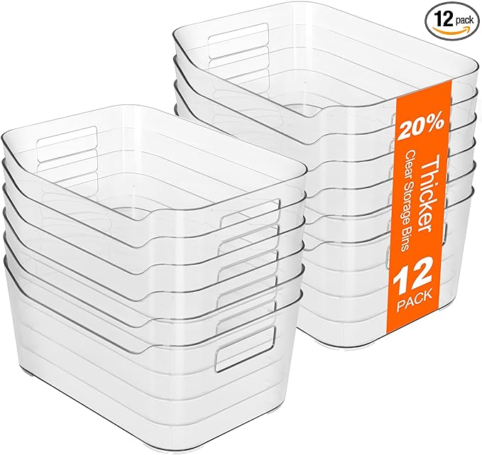 Hudgan 12 Pack Clear Pantry Organizer Bins, Plastic Storage Bins for Fridge, Plastic Pantry Organizer Containers for Home, Kitchen Cabinet, Bathroom Shelf, Under Sink and Drawers