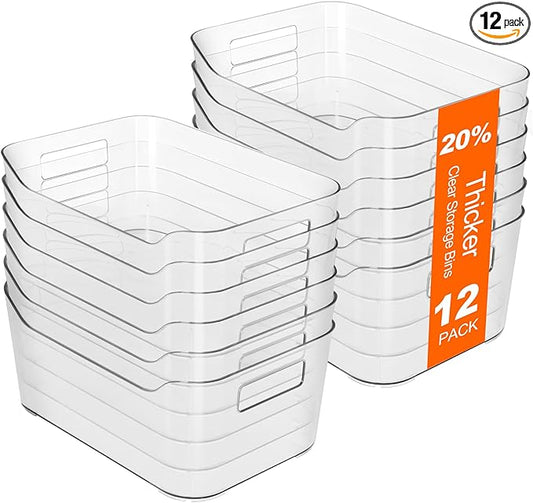 Hudgan 12 Pack Clear Pantry Organizer Bins, Plastic Storage Bins for Fridge, Plastic Pantry Organizer Containers for Home, Kitchen Cabinet, Bathroom Shelf, Under Sink and Drawers