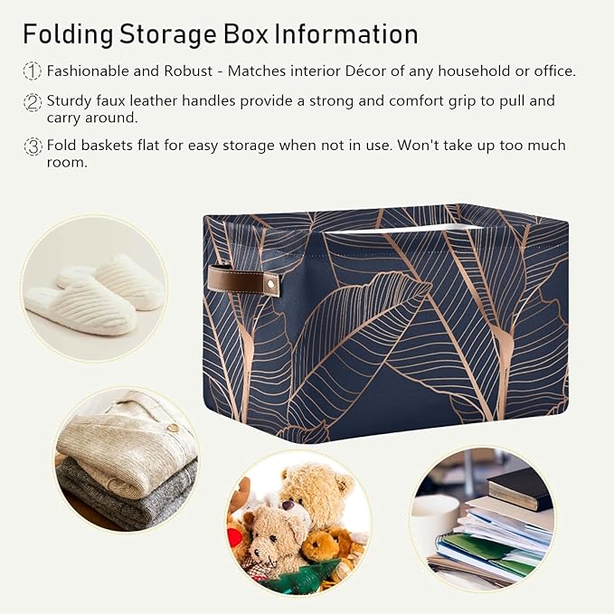 susiyo Gold Palm Leaves Navy Blue Closet Storage Bins with PU Handles, Foldable Fabric Storage Baskets for Shelves, Decorative Baskets Clothes Storage Baskets for Organizing-2Pack