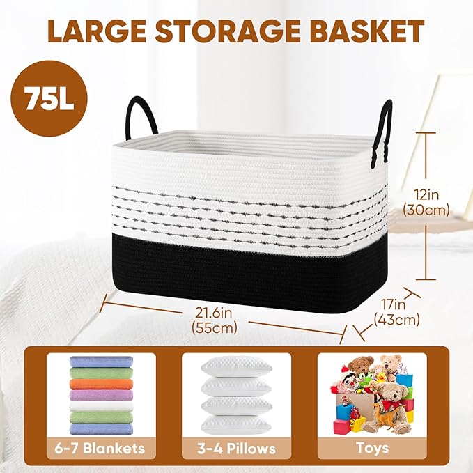 Large Blanket Basket for Living Room, 75L Woven Storage Baskets for Organizing, Rectangle Cotton Rope Basket With Handles-Black & White