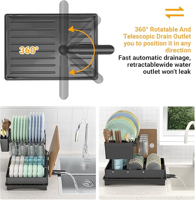 Large Dish Drying Rack 2 Tier for Kitchen Counter, Anti-Rust Metal Dish Rack with Lock & Lift System & Retractable Auto-Drain Spout, Escurridor de Platos with Cutting Board Holder, Black