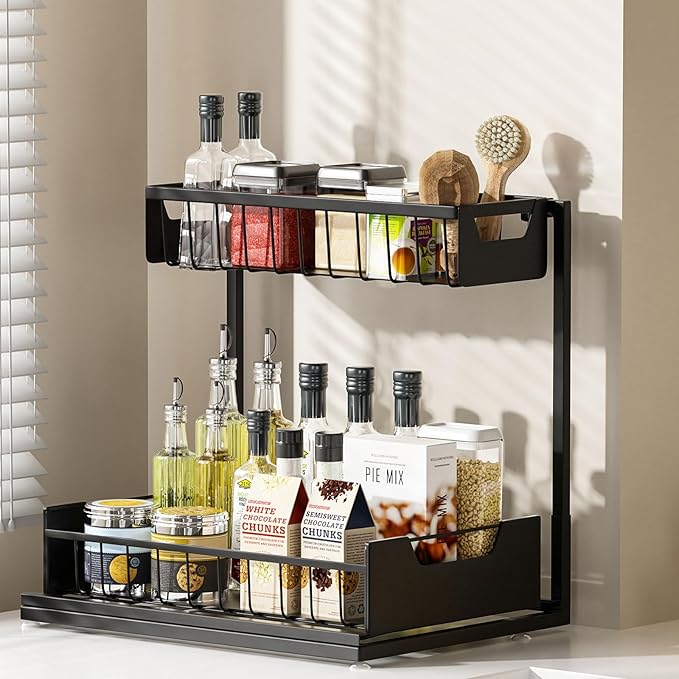 Under Kitchen Sink Organizers and Storage Pull Out 2 Tier Metal Bathroom Cabinet Organizer (Black, 1 Pack)