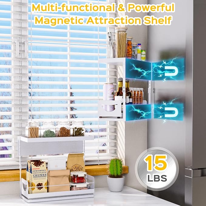 2 Tier Magnetic Storage Shelf with Pull Out Drawer, Height Adjustable Magnetic Organizer for Washing Machine & Fridge Side, No Drill Magnetic Rack for Laundry Room, Kitchen Storage (White)