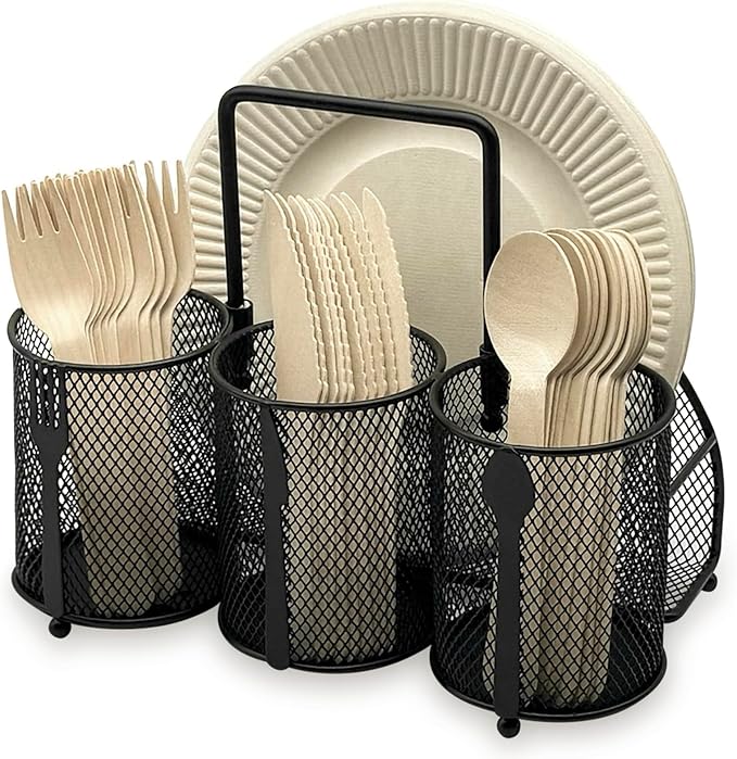 Utensil Caddy Silverware Holder - 4 Compartment Metal Mesh Cutlery Fork Spoon Napkin Plate Organizer Flatware Storage Basket Party Kitchen Countertop Buffet Picnic Camping Outdoor BBQ Black