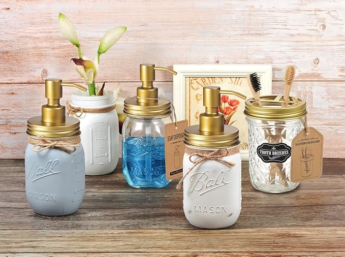 Mason Jar Bathroom Accessories Lids Set(4pcs) - Jars Not Included - Soap Dispenser, Apothecary Jars Lids for Regular Mouth Mason Jars, Wide Mouth Toothbrush Holder lid,-Stainless Steel,Gold