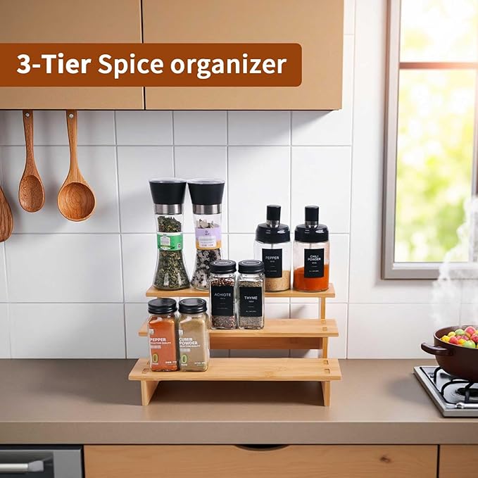 JinDoWin 3 Tiered Spice Rack Organizer for Cabinet,Spice Organization for Cabinet, Seasoning Organizer,Spice Shelf and Spice Organizer for Cabinet,Pantry Organizers and Storage (1 Pack, Small)