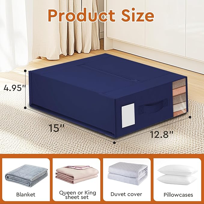 4 Pack Bed Sheet Closet Organizers and Storage,Sturdy Foldable Storage Containers with Window and Label,Storage and Organization for Bedding Sheets,Duvet Covers,Blankets (Blue)