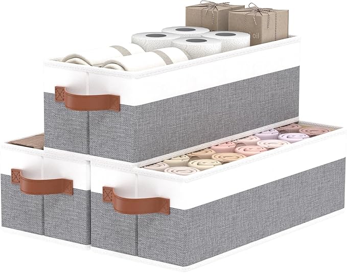 OUTBROS Storage Bins,Foldable Storage Baskets for Organizing,Fabric Storage Boxes With Handles,For bedrooms, living rooms, Shelves,Gray/White,15x6.1x5.1in,3-Pack