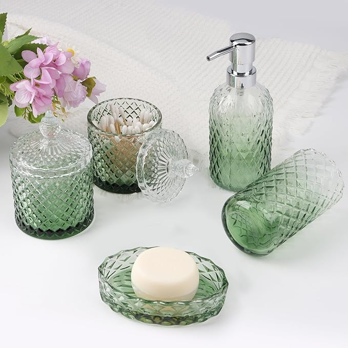 5Pcs Glass Bathroom Accessories Set,Green Vintage Bathroom Accessory Set, Bathroom Counter Sink Toothbrush Holder Set Includes Hand/Lotion Soap Dispenser & Tumbler & Soap Dish & Qtip Holders