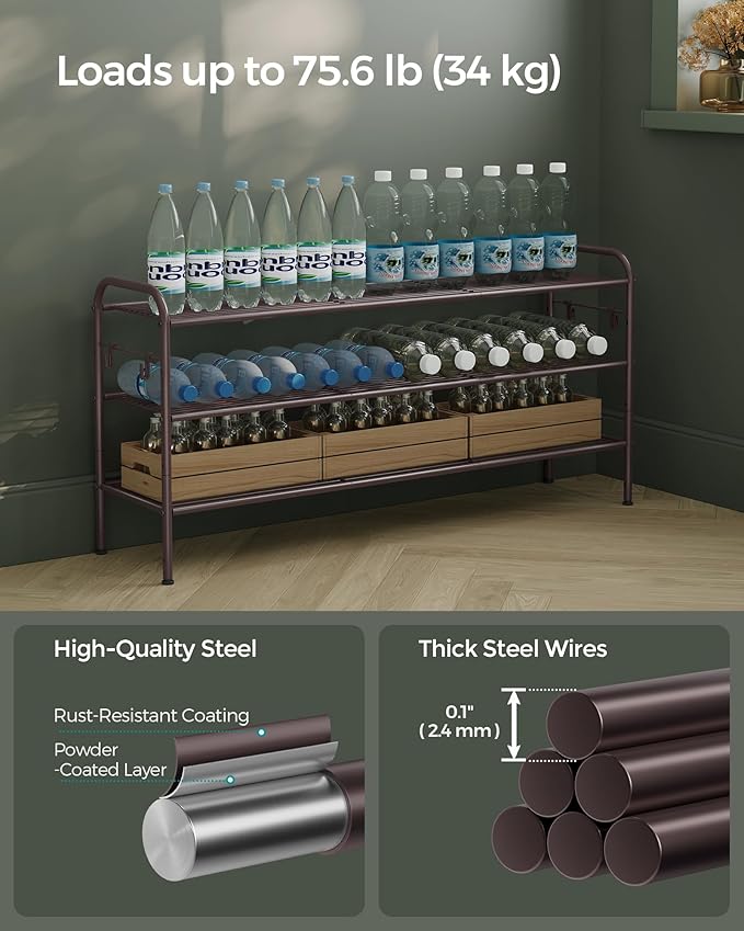 SONGMICS Shoe Rack, 3-Tier Shoe Organizer, Metal Shoe Shelf Storage with 4 Side Hooks, Holds 18 Pairs of Shoes, Height-Adjustable Shoe Rack for Entryway, Hallway, Closet, Chestnut Brown ULMR131A01