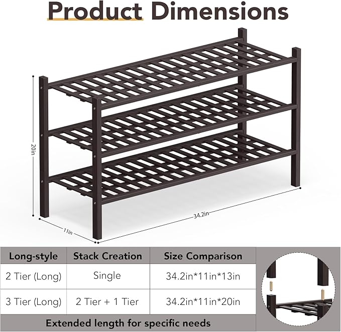 Haddockway Long 3 Tier Bamboo Shoe Rack Storage Organizer,Multifunctional Free Standing Stackable Shoe Shelf with Grid Panel for Closet,Hallway,Entryway,Small Space 34.2"x11"x20"
