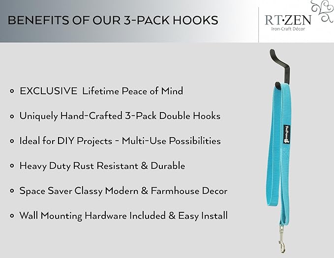 RTZEN Wall Mount Hook Set - Wrought Iron Decorative Rustic Metal Coat Hooks for Hanging - Handcrafted Classic Farmhouse Wall Mounted Black Hooks for Towel Robe or Hat Hanging - 3 Pack
