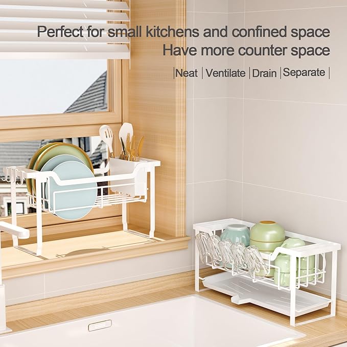 Dish Rack with Drainboard, Organizes Dishes and Bathroom Items for Narrow Spaces, Two-Story Drying Rack Fits 12 Plates 12 Bows 5 Glasses 4 Hooks and Some Cutlery, White