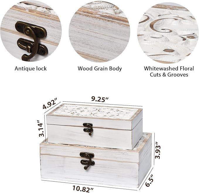 White Wooden Storage Box Set of 2 - Distressed White-Washed Decorative Boxes with Hinged Lids - Hand Carved Solid Pine Organizer for Jewelry, Keepsakes, and Shabby Chic Home Décor