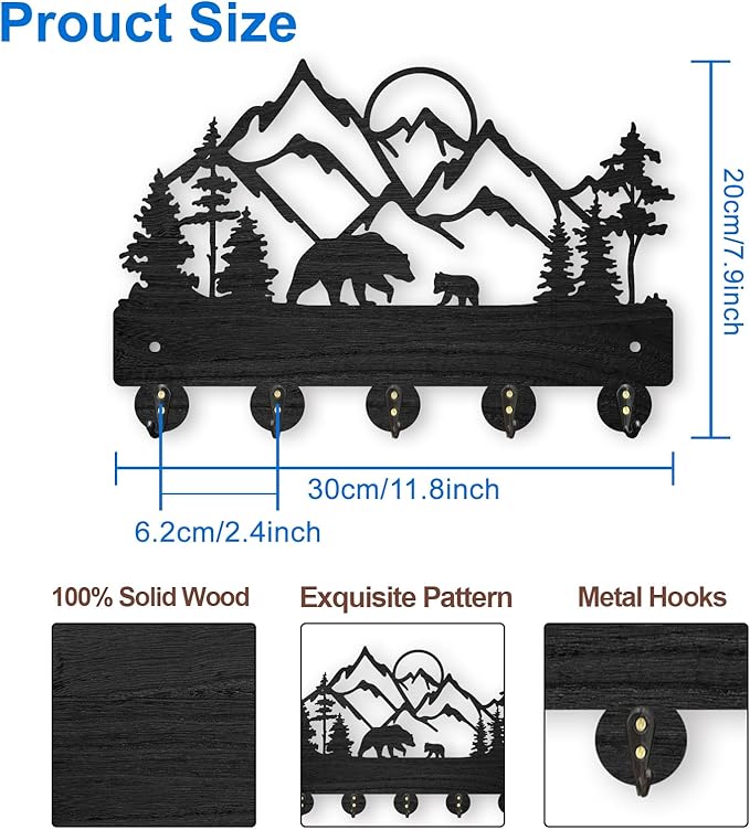 MAYJOYDIY Mountain Forest Key Holder for Wall 11.8×8inch Tree Bear Family Key Organizer Wood Wall Coat Hanger Hooks 5 Alloy Hooks Animal Theme Hooks for Gift Entrance Living Room Office Home Art Decor