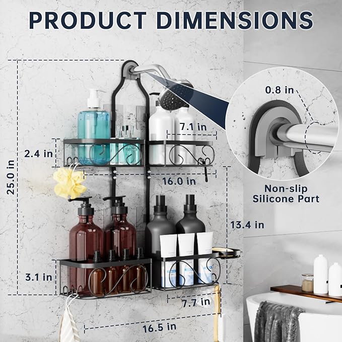 Kadolina Shower Caddy Hanging for Handheld Showerheads, Rustproof Stainless Steel Shower Organizer, Large-Capacity Bathroom Organizer Rack with Soap Dish and Hooks for Razor/Sponge, Black