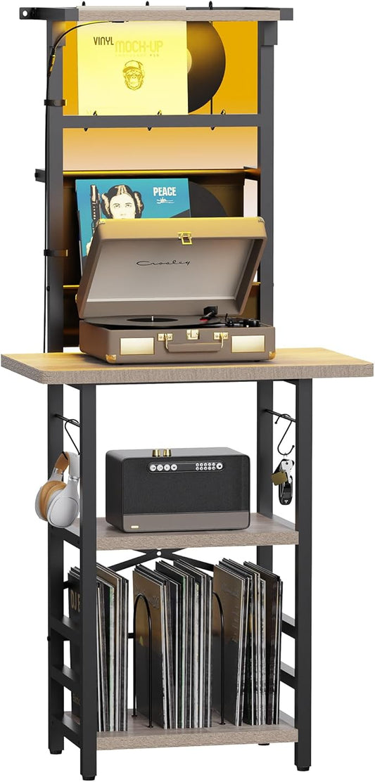 Record Player Stand with Led Light,Record Player Table with Vinyl Storage,Turntable Stand with Record Holder Vinyls Display Shelf for Music Room Studio,Greige