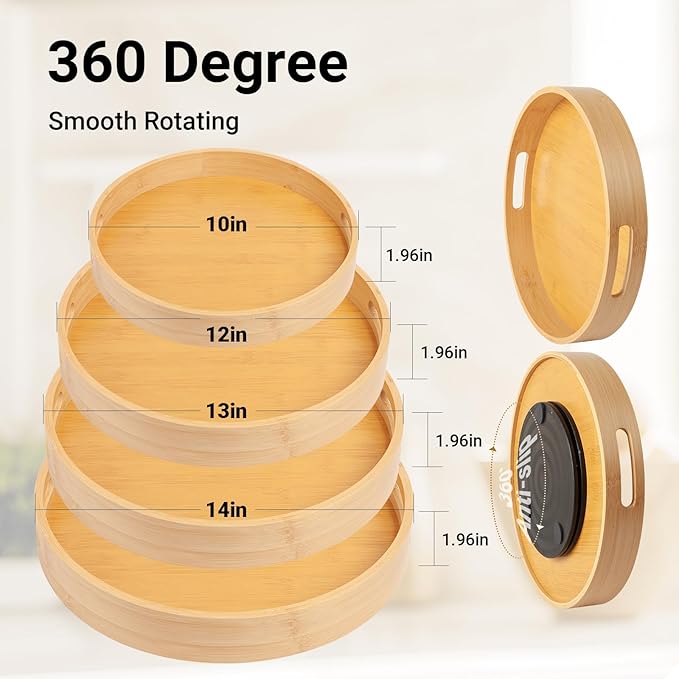 14in Bamboo Lazy Susan Turntable - Round Rotating Organizer for Pantry, Cabinet, Countertop & Kitchen | Spinning Spice, Can, jar & Seasoning Storage Tray