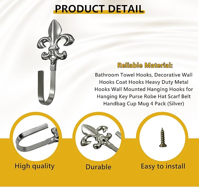 Decorative Wall Hooks for Hanging Things, Vintage Fleur De Lis Metal Coat Hooks, Heavy Duty Silver Rustic Hook for Key, Jewelry, Curtain Tie Backs, Towel, Hat, Small Decorative Hardware 4 Pack