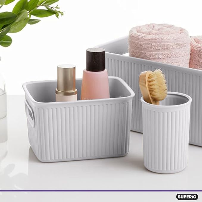Superio Ribbed Collection - Decorative Plastic Basket Open Home Storage Bins Organizer, Small White Smoke (4 Pack) Container Boxes for Organizing Closet Storage Bins for Shelves 1.5 Liter