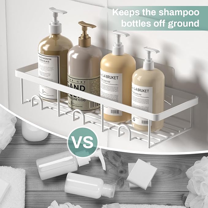 White Shower Caddy Organizer, 2 Pack Adhesive Shampoo Holder Basket Shelves for Storage and Organization, Wall Suction Bath Bathtub Rack Set for RV Camper, Bathroom Restroom Decor and Accessories