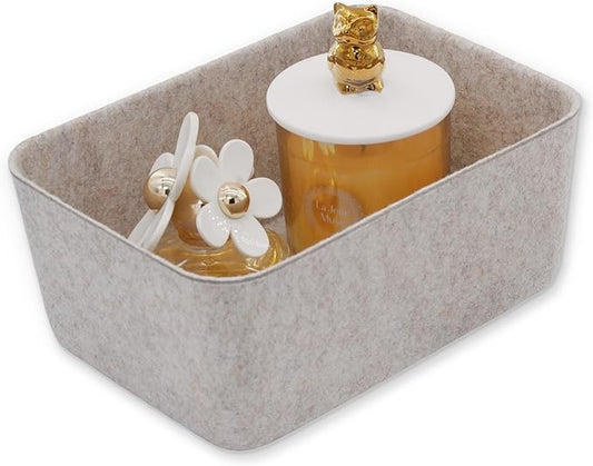 Welaxy Felt deep Storage Bins lidded Drawer Organizer Caddy for junk stuff stationery makeup jewelry closet bathroom minimalist lifestyle (Oatmeal Bin, S)