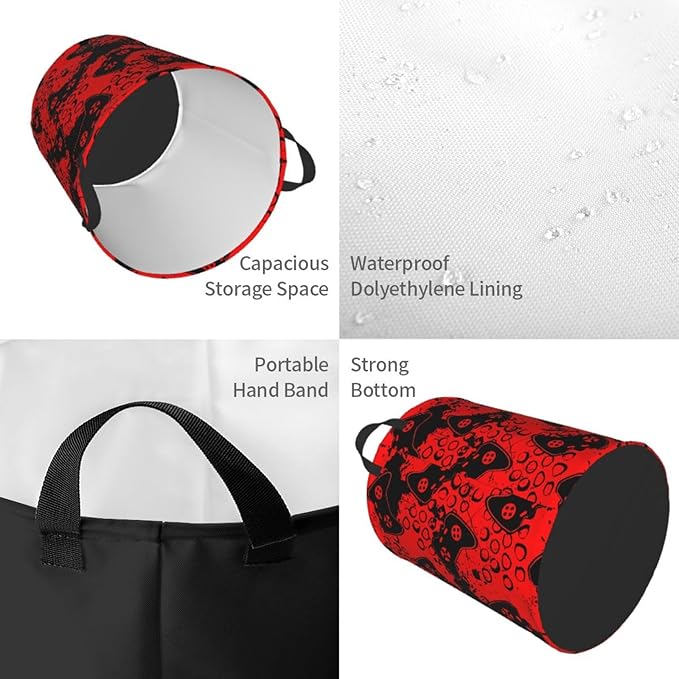 Game Joysticks Red Background Round Laundry Hamper Storage Basket Toys Clothes Organizer Bin For Home Bathroom Bedroom Dorm Nursery, 38l