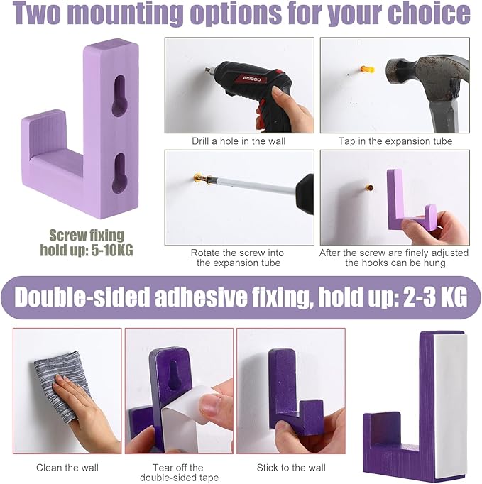 6 Pack Cute Kids Coat Wall Hooks Wooden Adhesive Decorative Colorful Wall Mounted Hangers Backpack Hooks for Hanging Keys Towel Clothes Bathroom Organization (Purple)