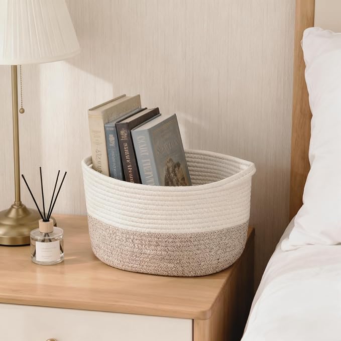 Storage Basket,Cotton Rope Woven Baskets for Organizing,Medium Soft Basket for Toys,Nursery,Bedroom, Gift Baskets for Home Decor,14"Ã11"Ã10",White-Brown