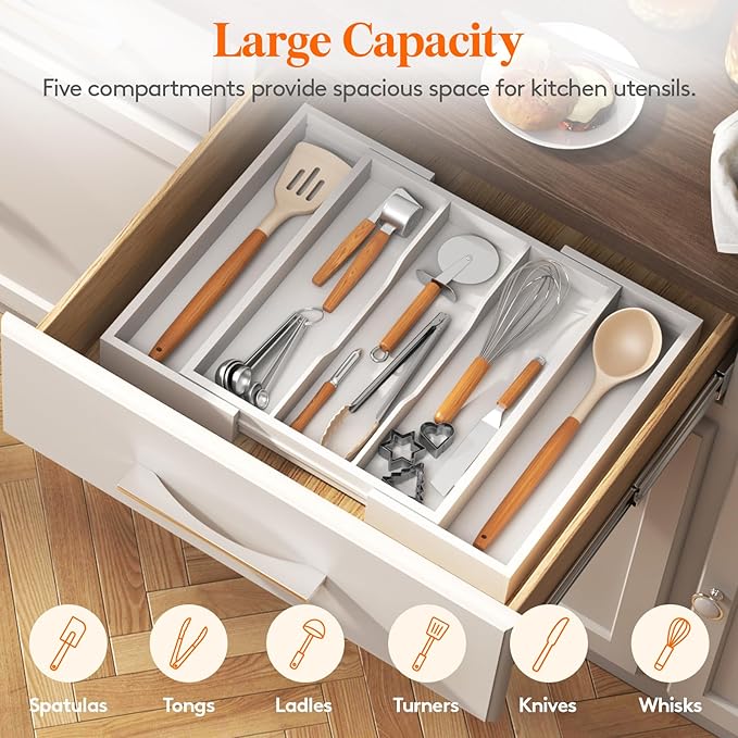 Lifewit Utensil Organizer for Kitchen Drawer, Expandable Cooking Utensil Tray, Cutlery Silverware Flatware Holder, Wood Adjustable Spatula Tools Storage Divider, 13-22x15/ 33-56x38cm, White