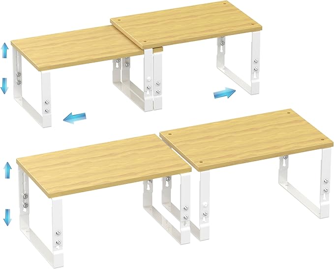 Expandable Kitchen Cabinet Organizer Shelves â Stackable Adjustable Metal and Wood Storage Racks for Countertop, Pantry, Garage Set of 2 Spice Rack â Easy Assembly, Space-Saving(2 Packs/Medium/White)