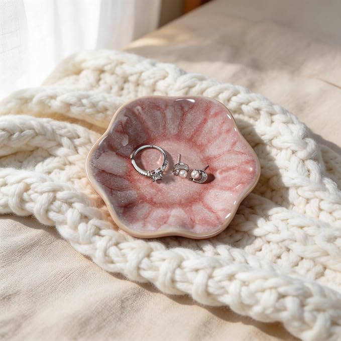 Pink Lotus Leaf Shape Ring Jewelry Dish Holder,Small Trinket Jewelry Tray,Decorative Jewelry Plate Bowl,Key Bowl,Birthday Engegament Gifts for Women Friends,Ceramic