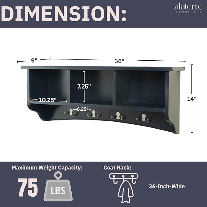 Shaker Cottage Wall-Mounted Coat Rack with 3 Storage Cubbies and 4 Coat Hooks – 36" W x 9" D x 14" H Space-Saving Entryway Organizer or Mudroom Wall Shelf by Alaterre Furniture (Charcoal Gray)
