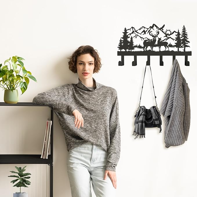 Metal Coat Rack Wall Mount with 6 Hooks, Decorative Hat & Coat Hooks for Entryway, Hallway, Living Room, and Towel Hooks for Bathroom (Deer)