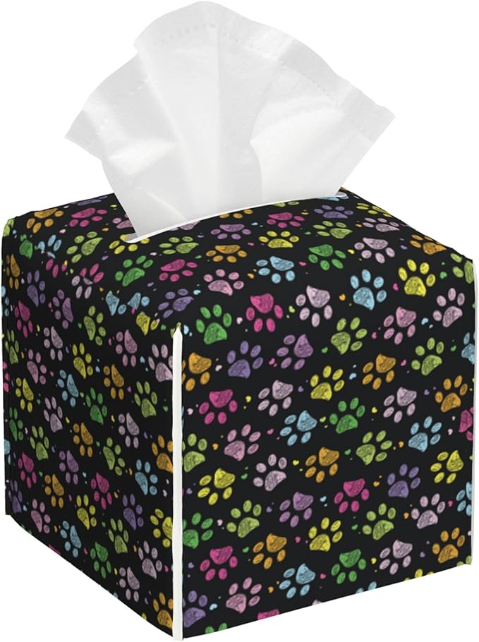 Tissue Box Holder Colorful Paw Prints Square Leather Tissue Box Cover Modern Cube Facial Paper Cover Case for Bathroom Vanity Countertop Night Stands Tabletop