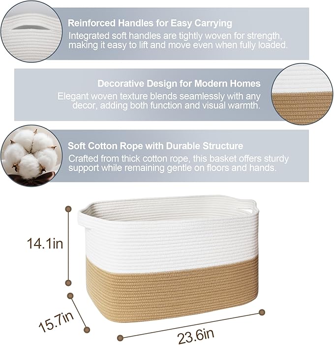 Extra Large Blanket Basket, 23.6"x15.7"x14.1" Woven Blanket Storage for Living Room, Big Cotton Rope Kids Dog Toy Bin Box, Decorative Rectangle Pillow Holder, Baby Laundry Basket, Camel