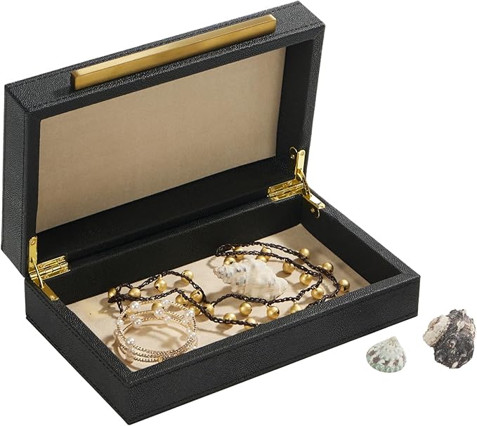 Sagala Black Decorative Shagreen Box With Gold Handle, Keepsake Box Jewelry Organizer Box, Faux Leather Storage Box For Modern Home Decor (Black-Gold, 1pack)