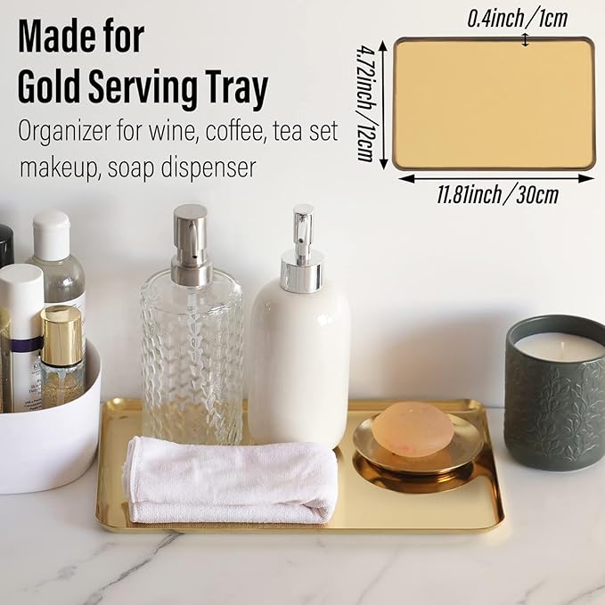 FREELOVE Rectangle Metal Decorative Serving Tray, Perfume Organizer Candle Towel Makeup Jewelry Organization Dresser Vanity Counter Coffee Table Desk Preppy Room Decor, Mirror Gold, 12''X7.9''