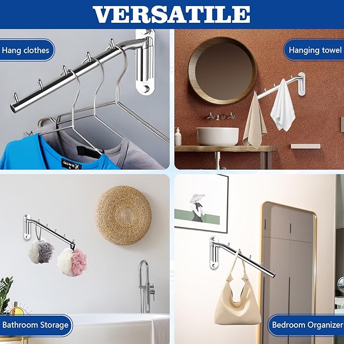 2 Pack Folding Clothes Rack, Stainless Steel Swing Arm Clothing Racks for Hanging Clothes, Closet Organizers and Storage Space Saving Drying Rack, Hooks for Hanging Wall Mounted