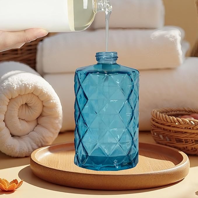 12Oz Blue Glass Soap Dispenser with Stainless Steel Pump, Refillable Kitchen Liquid Hand Soap Dispenser with Diamond Design, for Dispense Hand soap, Dish Soap, Lotion, Bathroom, Countertop, Hotel