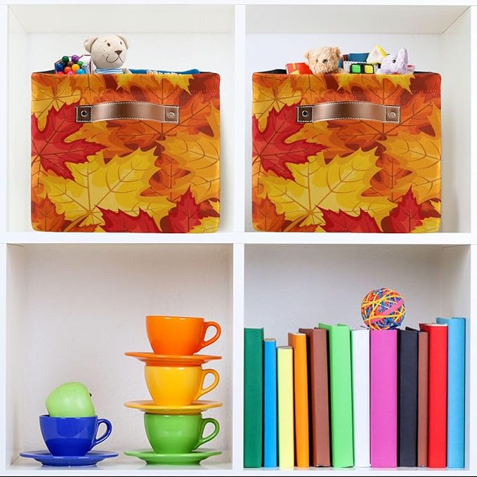 Fall Maple Leaves in Autumn Storage Basket,Large Storage Bin Fabric Collapsible Organizer Bag with Handles 15x11x9.5 inch