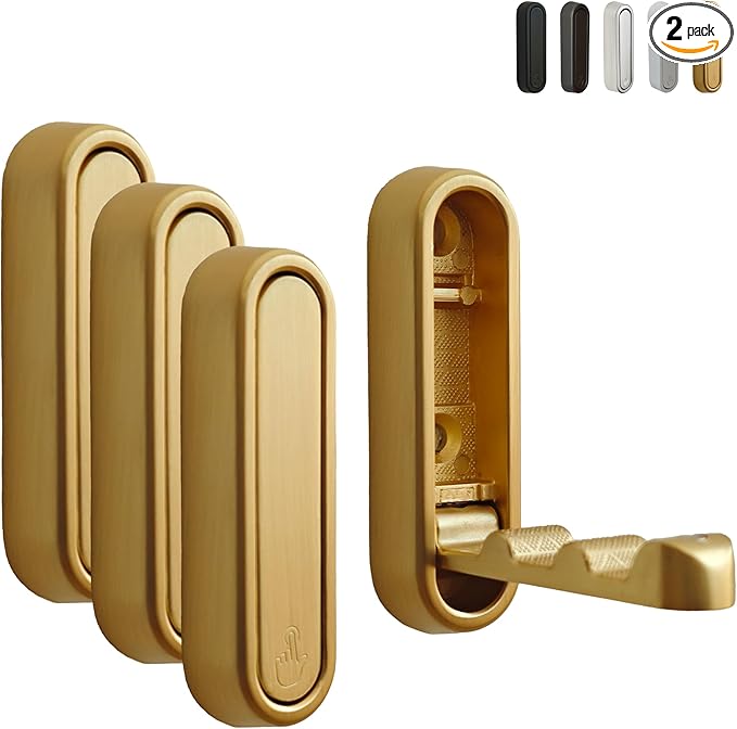 Foldable Wall Hooks Heavy Duty - Zinc Alloy Hidden Handle with Anchors/Screws, Space-Saving for Bathroom, Kitchen, Closet, 33lb Capacity, Wall Mounted (Gold Brushed, Count, 4)