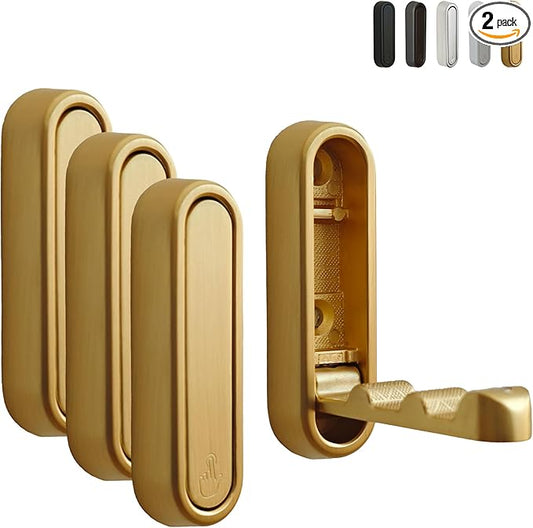 Foldable Wall Hooks Heavy Duty - Zinc Alloy Hidden Handle with Anchors/Screws, Space-Saving for Bathroom, Kitchen, Closet, 33lb Capacity, Wall Mounted (Gold Brushed, Count, 4)